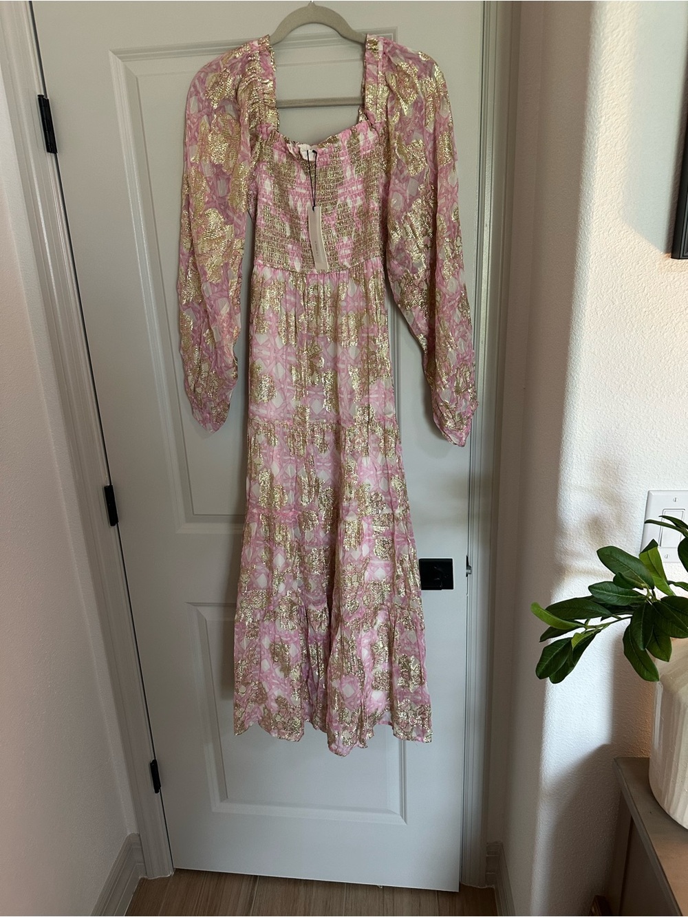 Pink and Gold Long Sleeve Maxi Dress